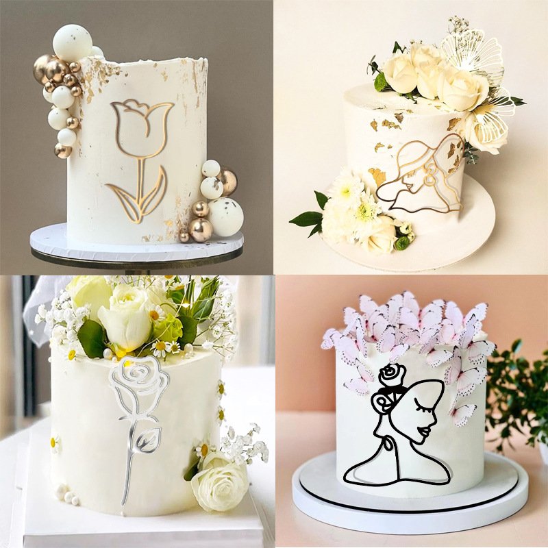 Acrylic Minimalist Woman Facial Art Rose Flower Cake Side Decoration small size Cake Decoration
