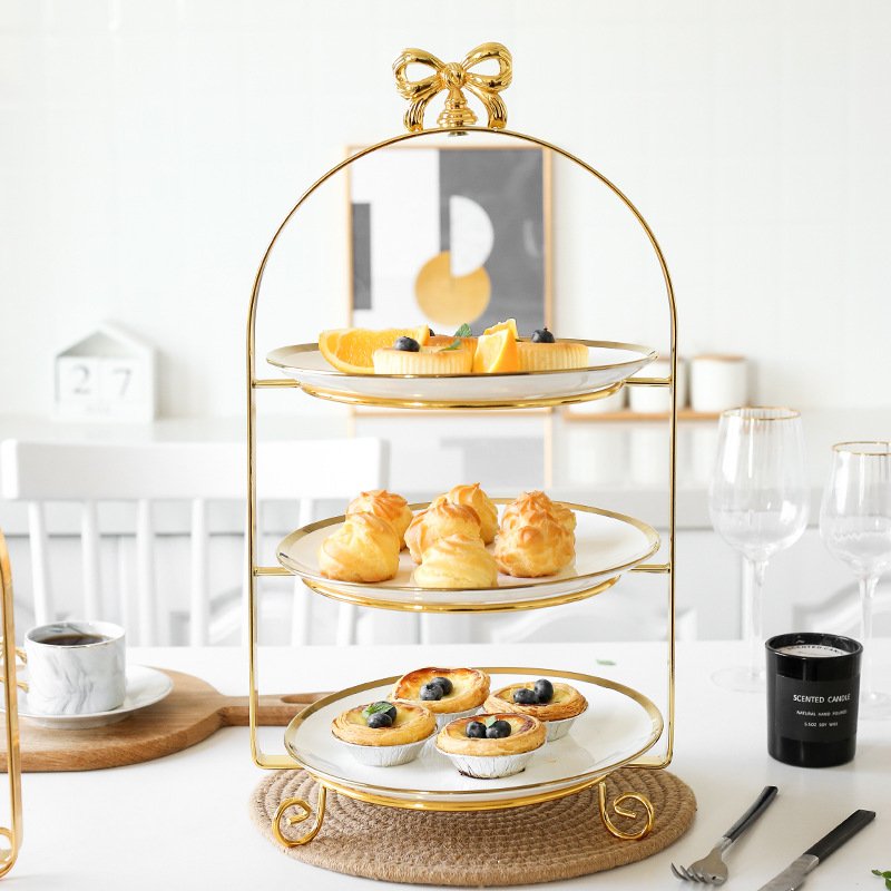 European Round Gold Layered Metal Cake Stand with Bow Decoration for Wedding or Birthday Party Supplies
