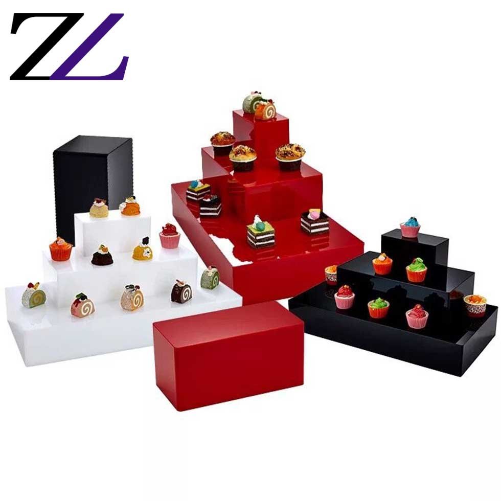Luxury party decorative red acryclic riser cube vitrail buffet food dessert raisers display stand set acrylic buffet elevation