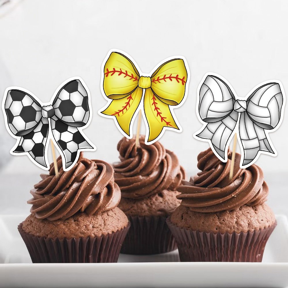 12Pcs Sports Theme Birthday Party Cake Decorations Bow-tie Cupcake Toppers for Baby Shower Birthday Party Decorations Supplies