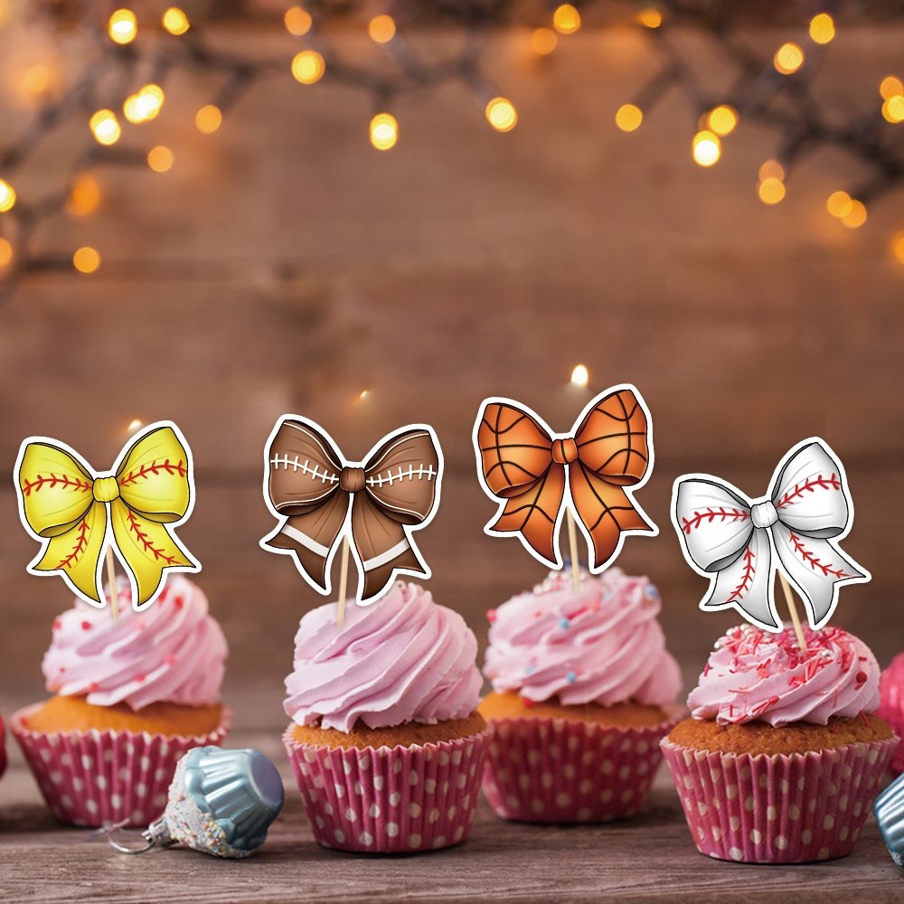 12Pcs Sports Theme Birthday Party Cake Decorations Bow-tie Cupcake Toppers for Baby Shower Birthday Party Decorations Supplies