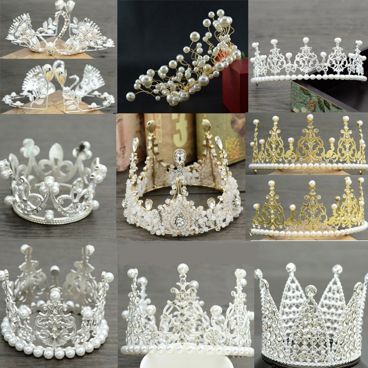Hot selling Birthday Large Crown Cake Decoration Baking Ornaments Bridal Headdress Rhinestones pearls Crown