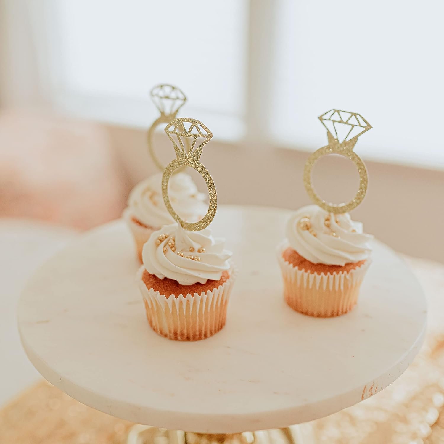 Bachelorette Party Gold Glitter Diamond Ring Cupcake Toppers Bridal Shower Engagement Wedding Decorations Sparkling Party Favor