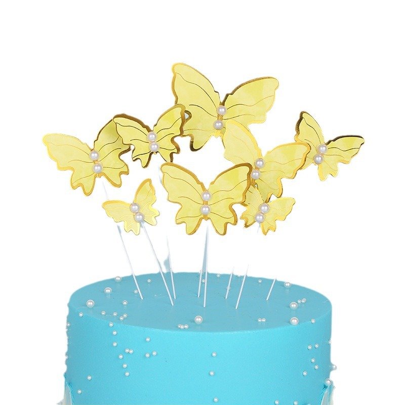 5Colors 12pcs/bag Bronzing Paper Butterfly With Pearl Cake Topper For Birthday Party Cake Baking Decorating Supplies