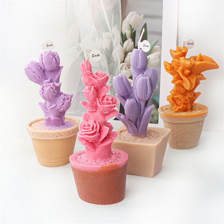 Plant Potted Silicone Candle Molds Gypsum Ornaments Rose Tulip Flower Decorations Casting Mould DIY Aromatherapy Candle Making