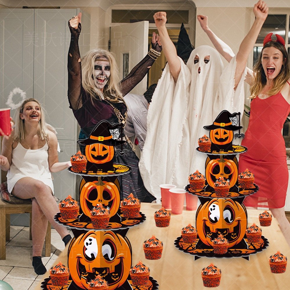 Halloween Decoration Pumpkin Multi-layer Cake Stand Halloween Party Dessert Table Multi-layer Paper Cake Stand