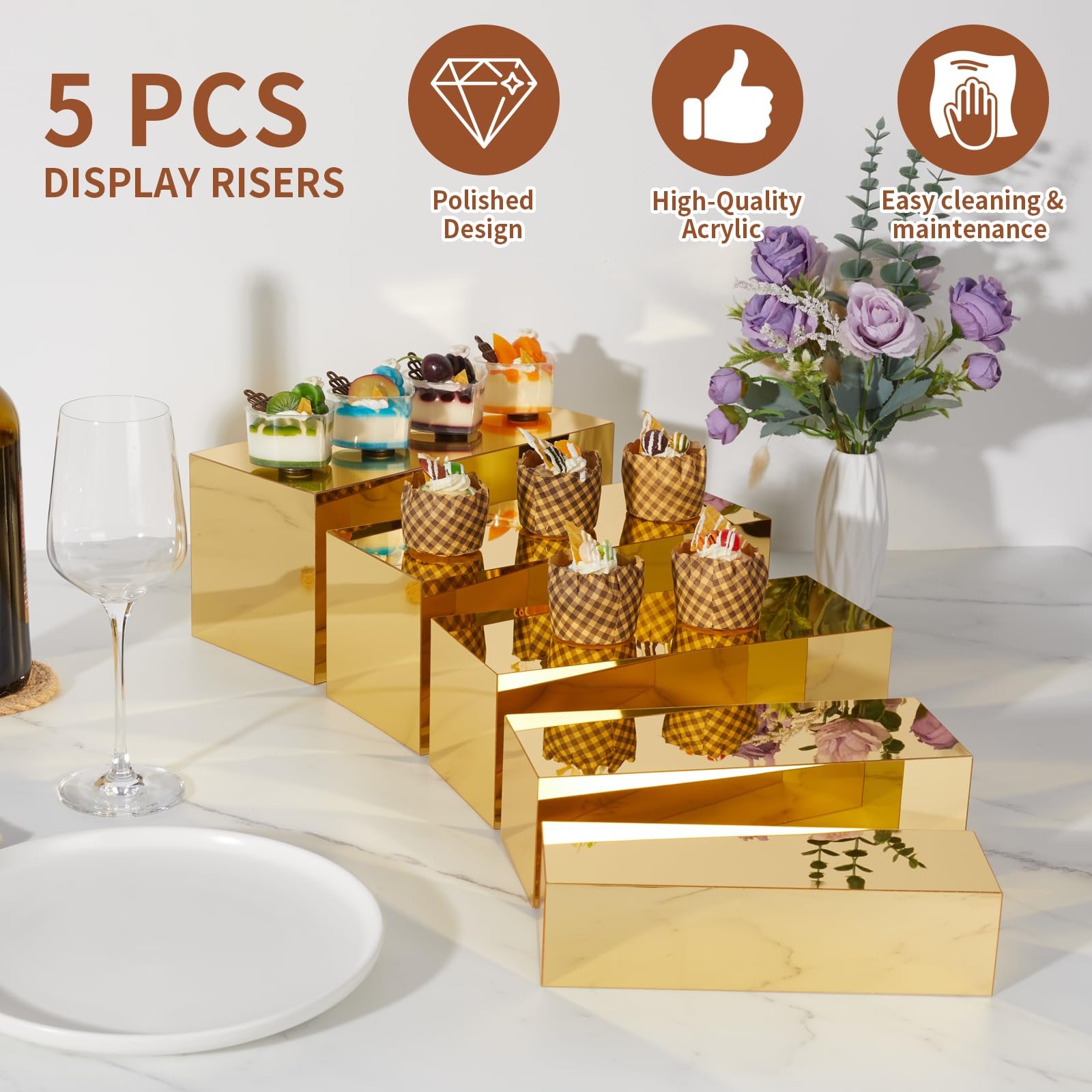 Factory wholesale Gold 5Pcs Display Stand Shelf Buffet Acrylic Food Display Risers for Catering Dessert Buffet Table Parties