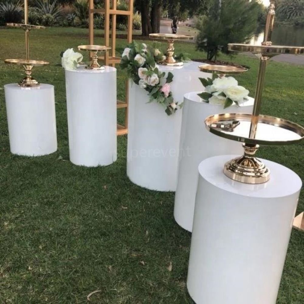 hot sell birthday decoration 5 pcs metal round cylinder cake stand pedestal plinth wedding plinth cake stand dessert table