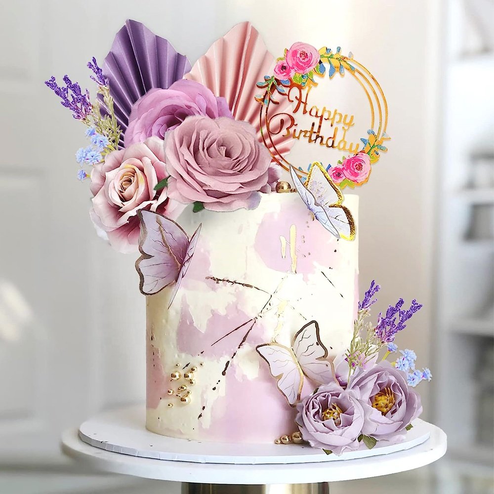 17 Pcs/Set Artificial Flower Fan Butterfly Cake Topper Decoration Set for Happy Birthday Party Cakes Decor