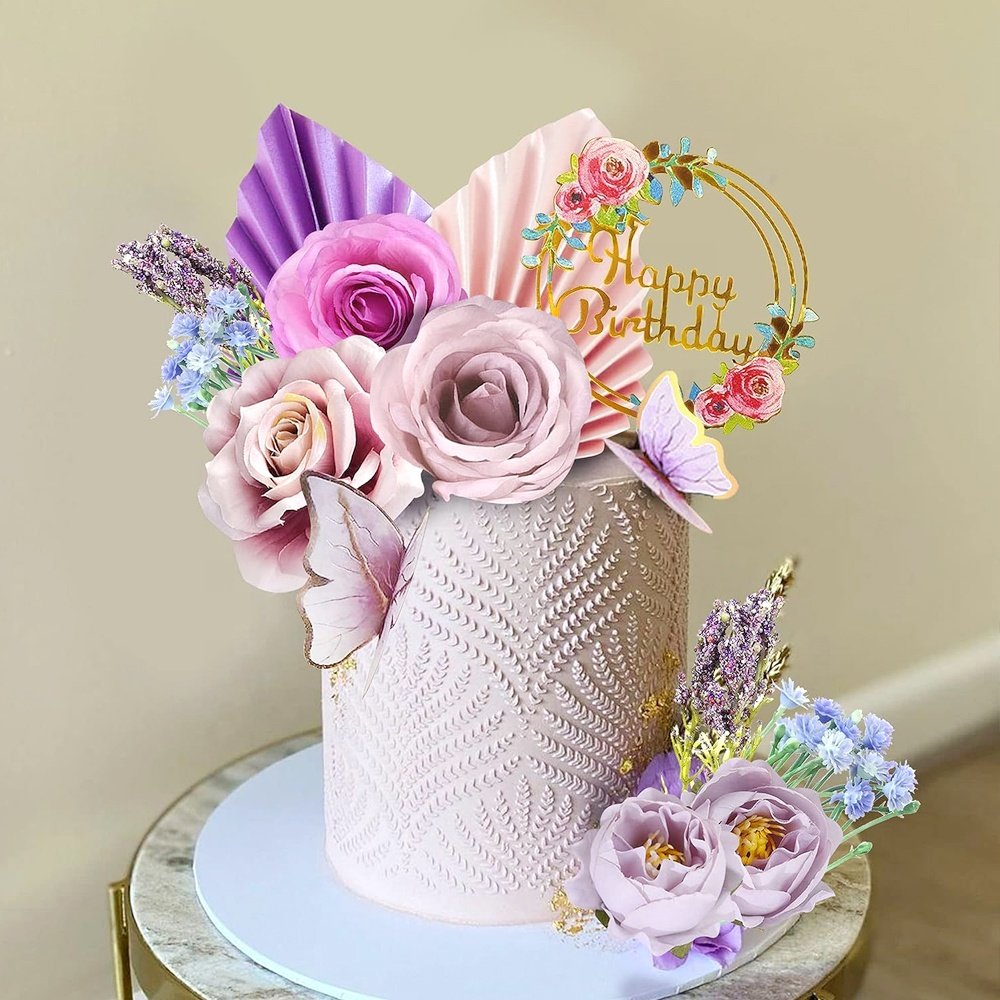 17 Pcs/Set Artificial Flower Fan Butterfly Cake Topper Decoration Set for Happy Birthday Party Cakes Decor