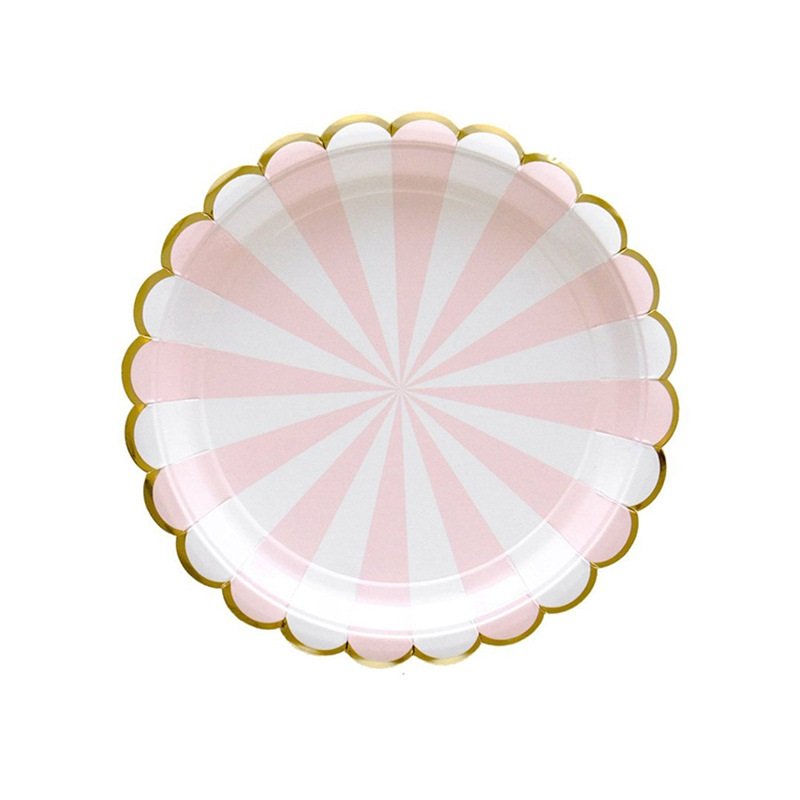 New bronzing stripe pink paper plate set high-end disposable tableware paper cup afternoon tea cake plate