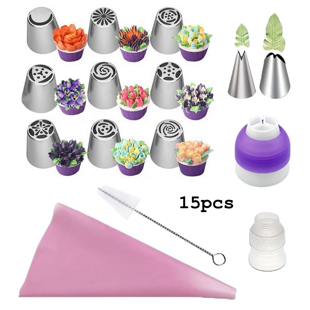 Wanlihao 15pcs/set Stainless Steel Russian Nozzle Cream Icing Piping Tips Cake Decoration Tools Kits