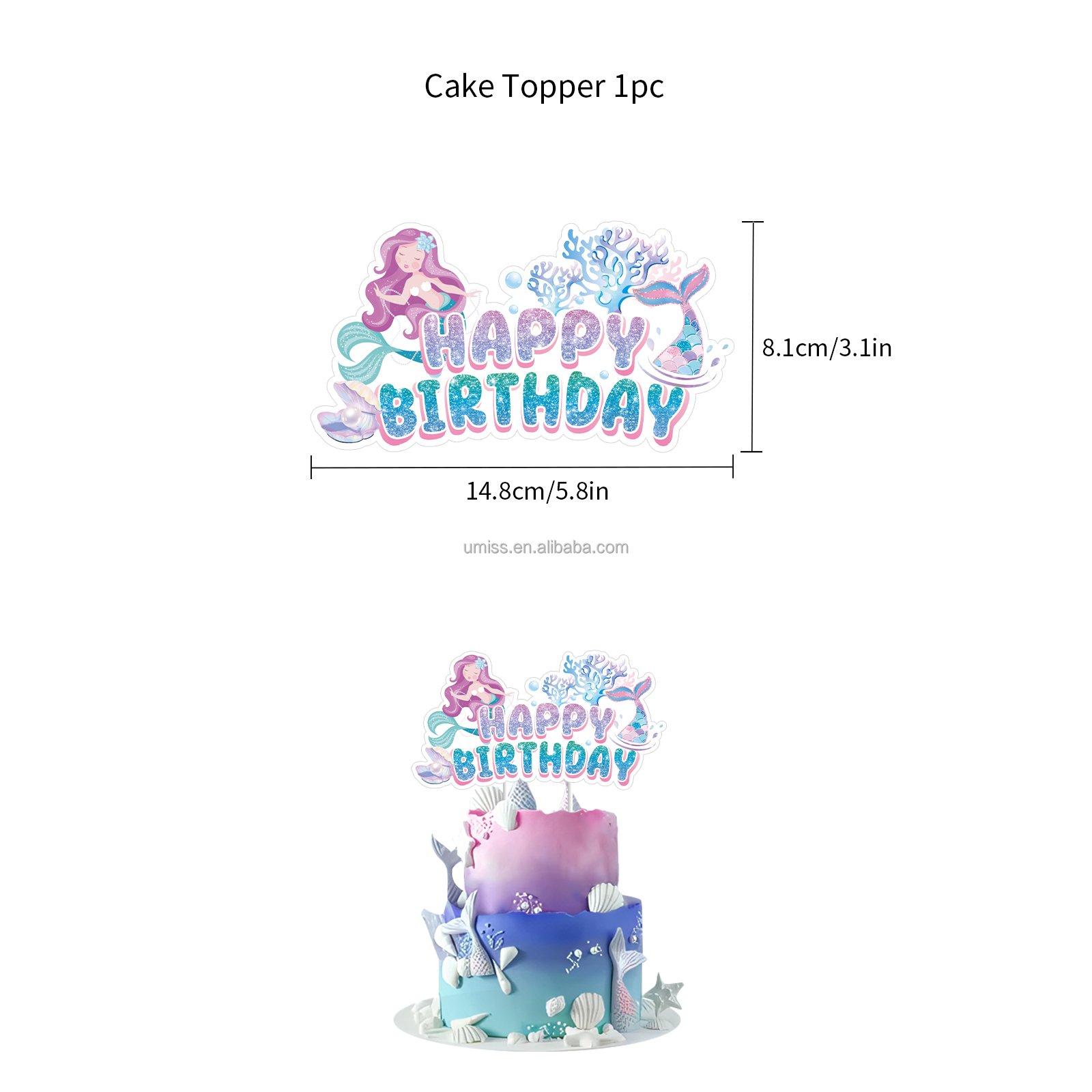 Umiss Mermaid Happy Birthday party decorations banners with cake topper and latex balloons