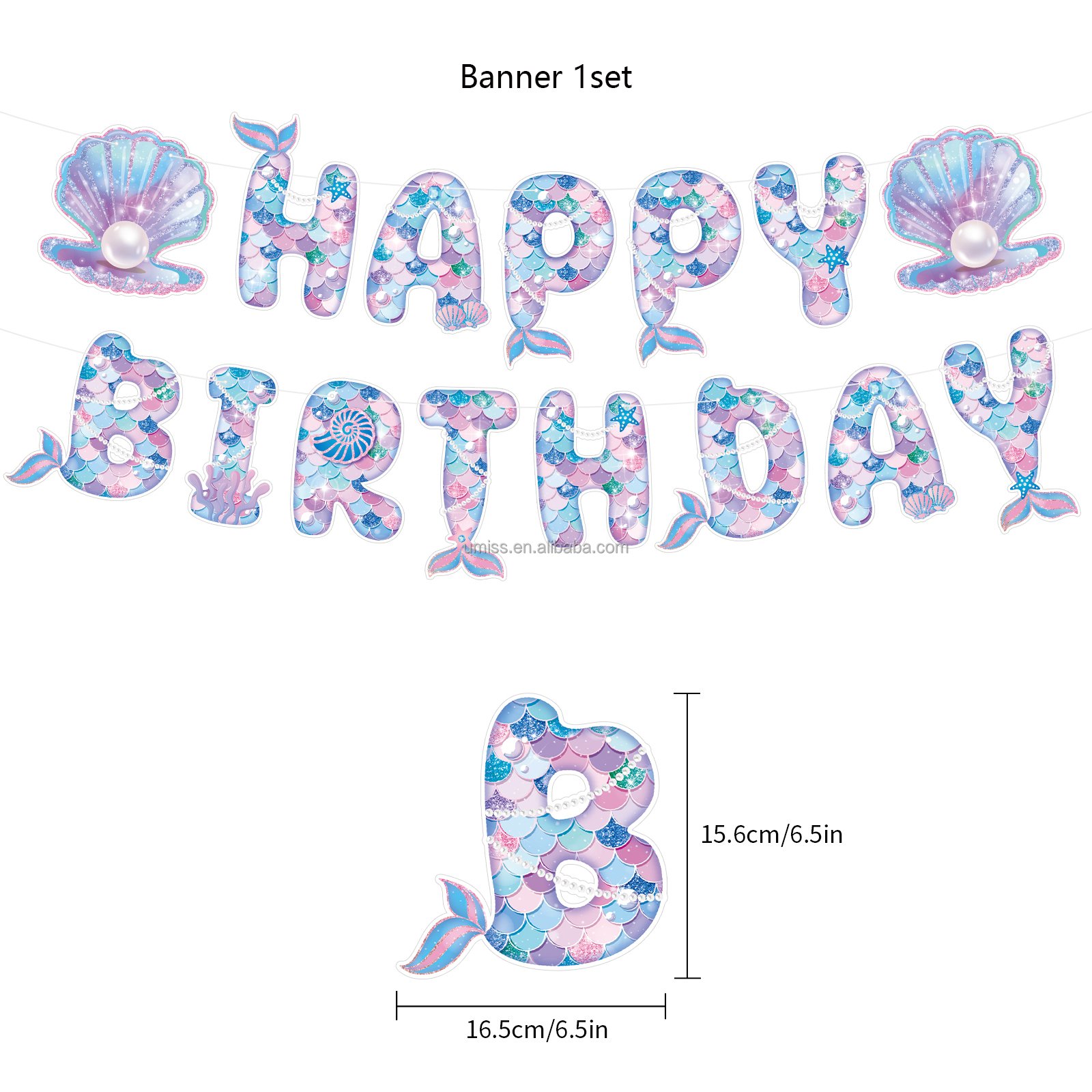 Umiss Mermaid Happy Birthday party decorations banners with cake topper and latex balloons
