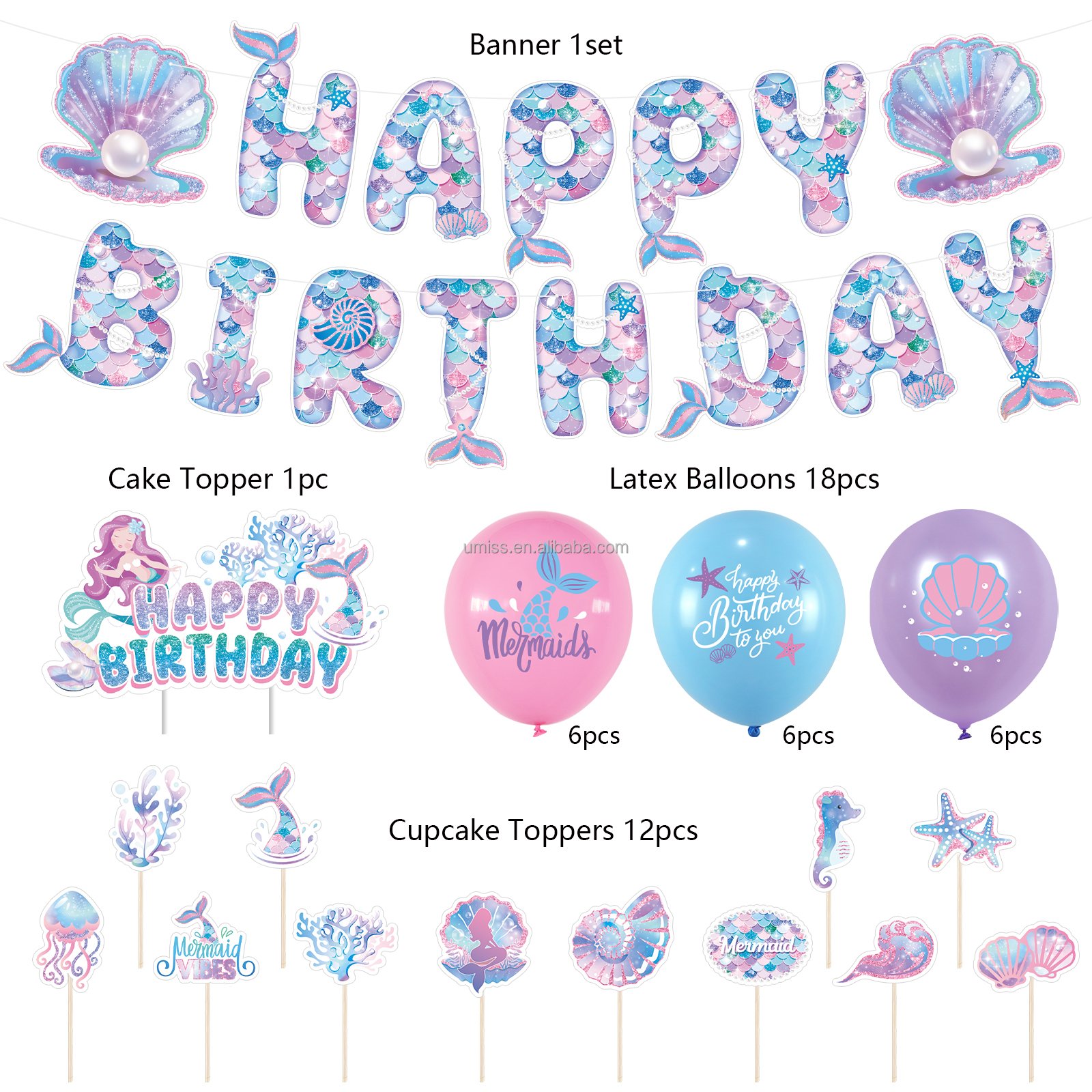 Umiss Mermaid Happy Birthday party decorations banners with cake topper and latex balloons