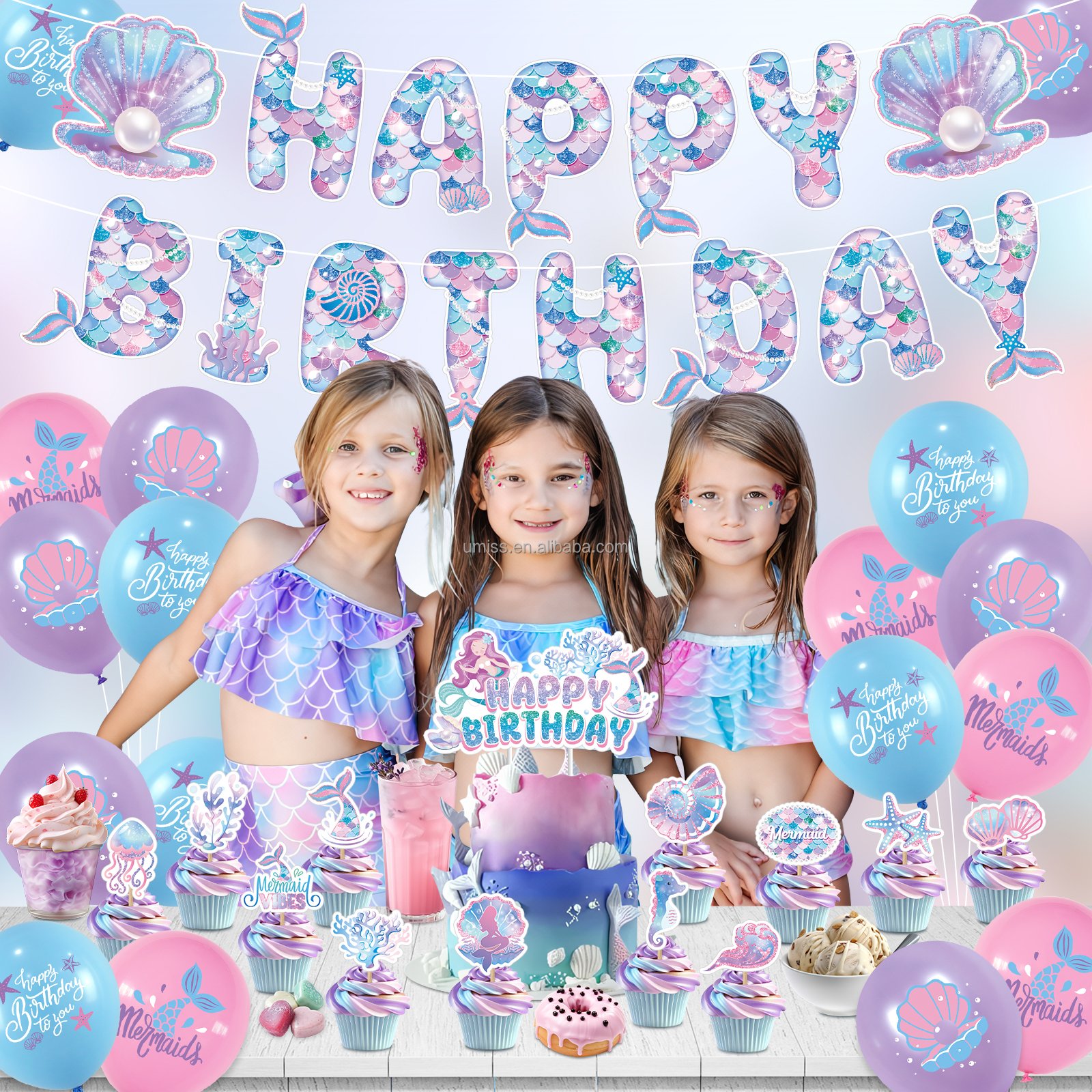 Umiss Mermaid Happy Birthday party decorations banners with cake topper and latex balloons