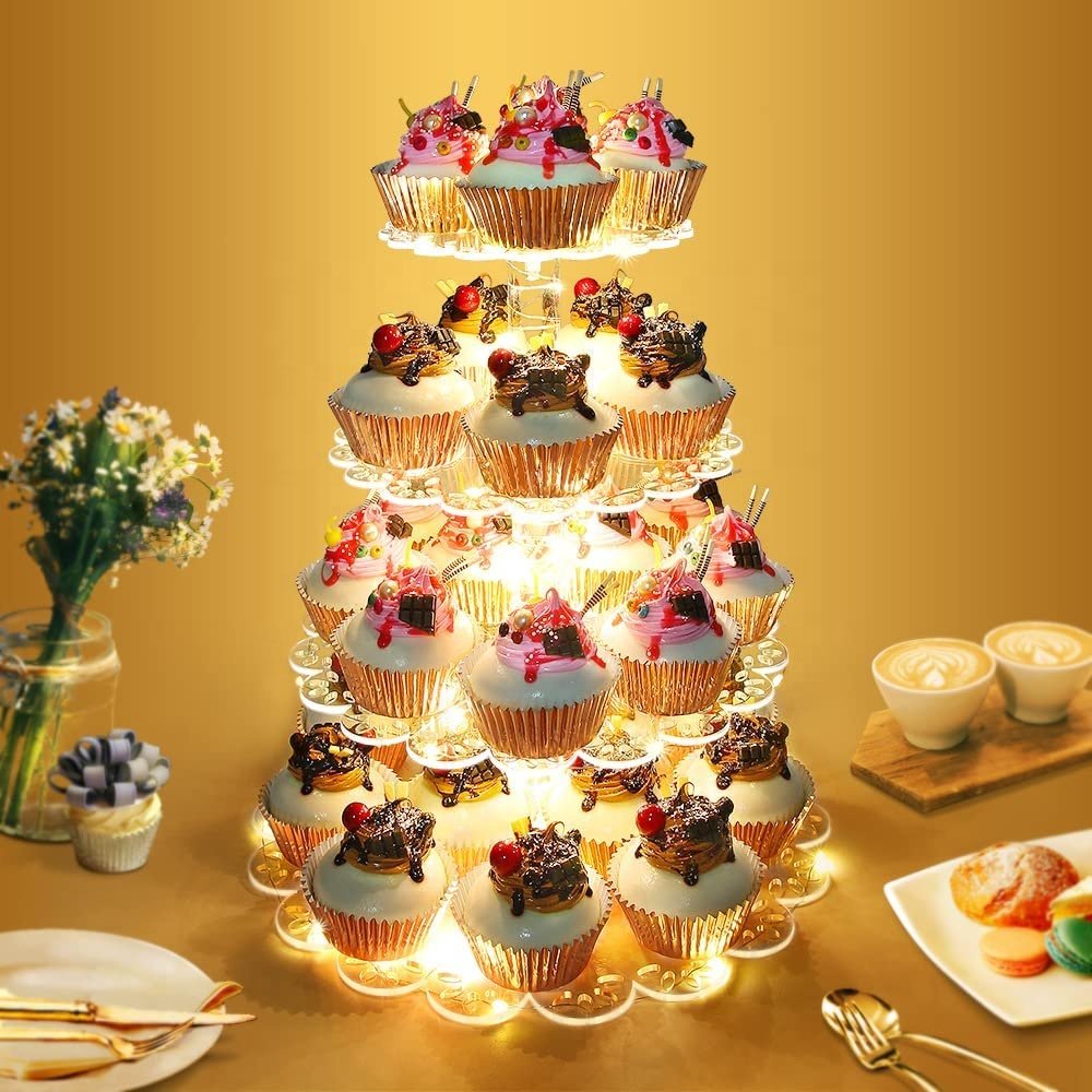 4 Tier Round Square Acrylic Cupcake Display Stand with LED String Lights Cupcake Holder Stand Dessert Tower