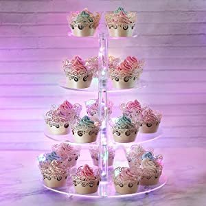 4 Tier Round Square Acrylic Cupcake Display Stand with LED String Lights Cupcake Holder Stand Dessert Tower