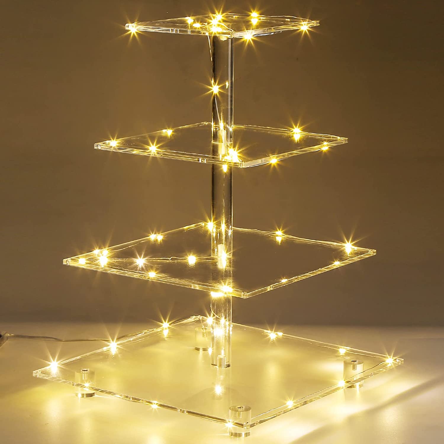 4 Tier Round Square Acrylic Cupcake Display Stand with LED String Lights Cupcake Holder Stand Dessert Tower