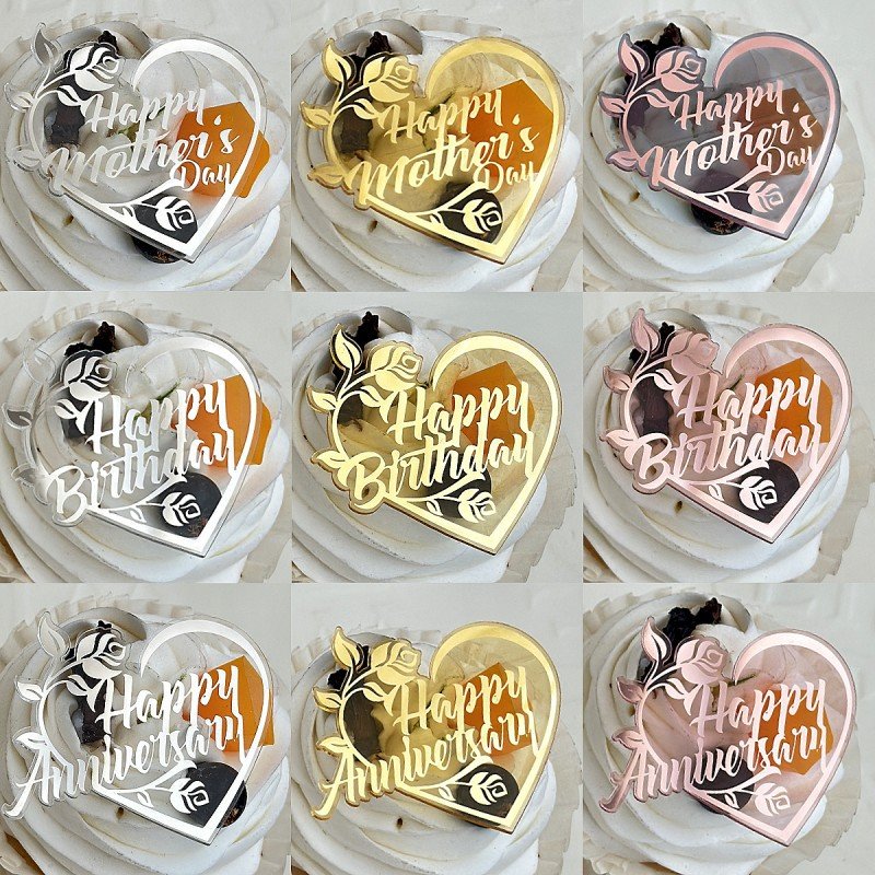 Ychon wholesale cheap gold pink love shape acrylic cake decorations happy anniversary birthday motner's day accessories