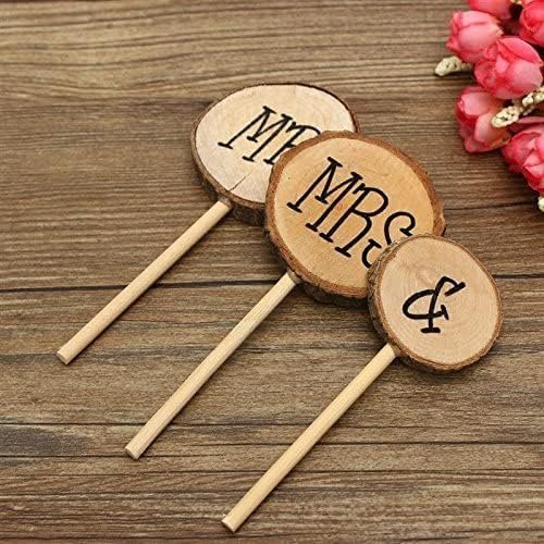 3 Pcs Mr&Mrs Toppers Natural Wood Cake Decoration Chic Rustic Wedding Mr Mrs for Couple Sweetheart Party Anniversary Birthday