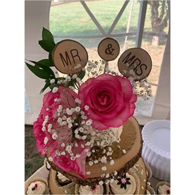 3 Pcs Mr&Mrs Toppers Natural Wood Cake Decoration Chic Rustic Wedding Mr Mrs for Couple Sweetheart Party Anniversary Birthday