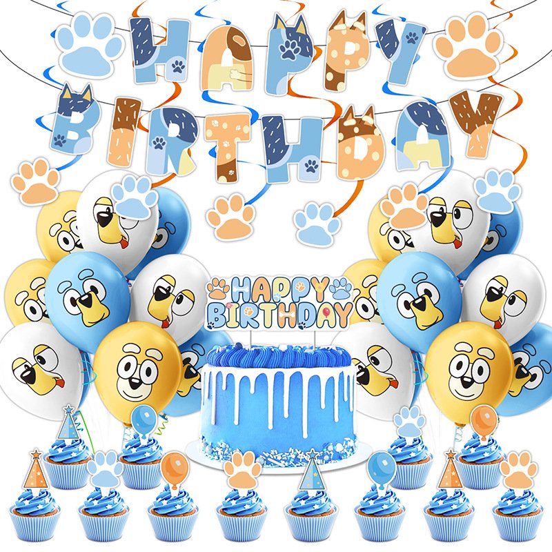Cute Kids Yellow White Blue Cartoon Dog Banner Printed Balloon Cake Fork Birthday Party Decoration
