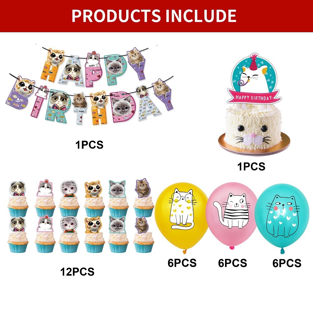 Cat Birthday Party Supplies Cat party Decorations, Includes Cat Party Banner, Cat Cake Topper, Cat Cupcake Topper, Cat Balloons