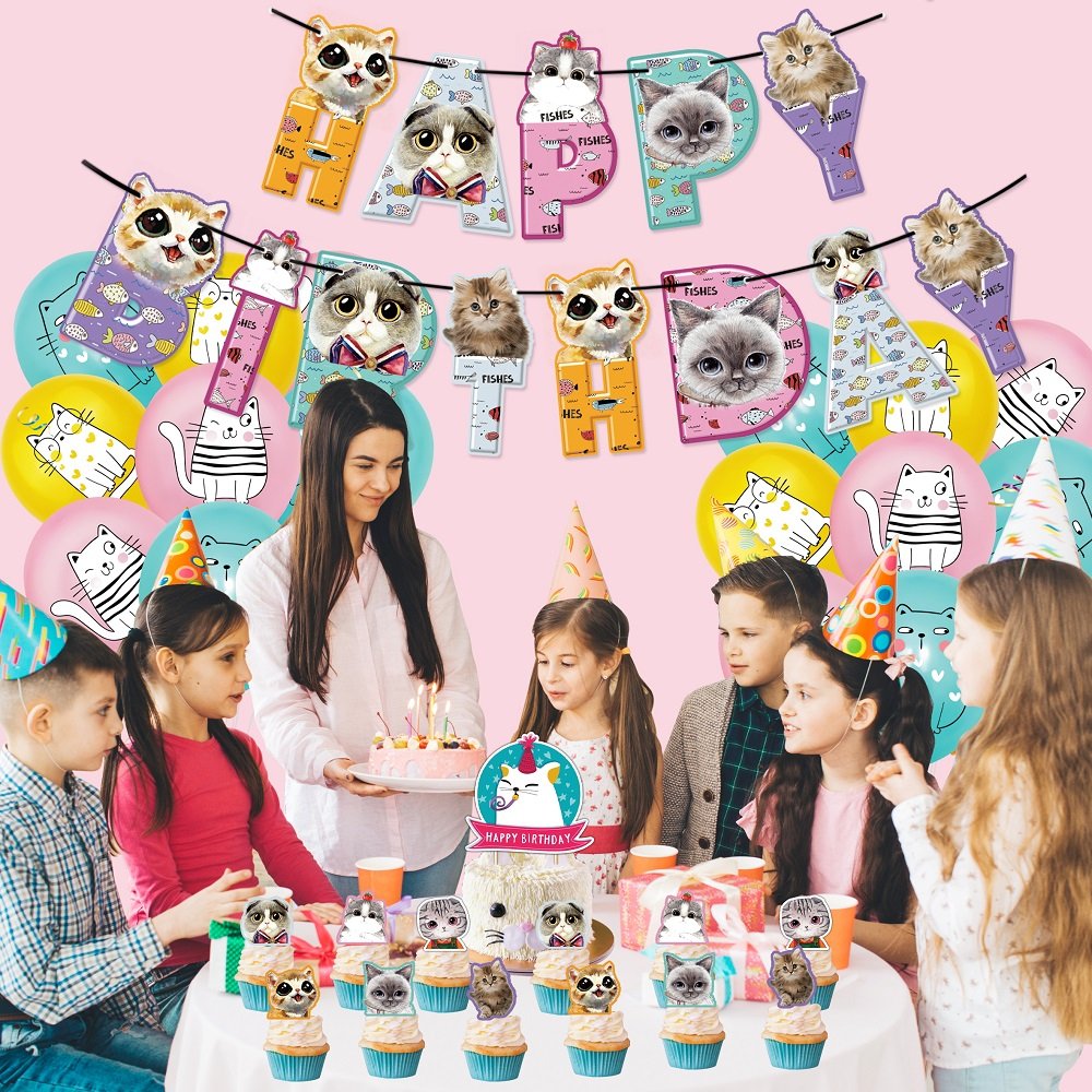 Cat Birthday Party Supplies Cat party Decorations, Includes Cat Party Banner, Cat Cake Topper, Cat Cupcake Topper, Cat Balloons