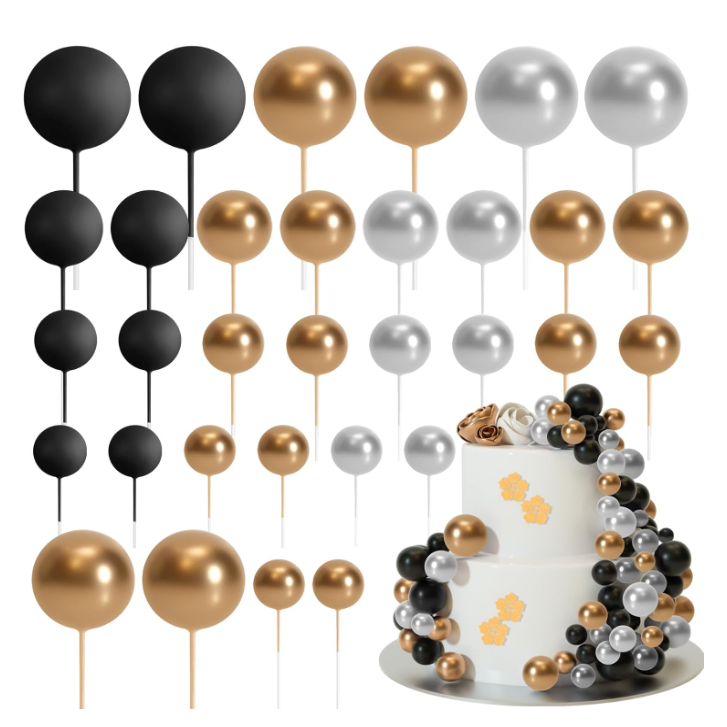 32PCS Ball CakeTopper Decorations Mini Balloons DIY Cake Topper Sticks Cake Topper Balls Cake Decorations (Gold Silver Black)
