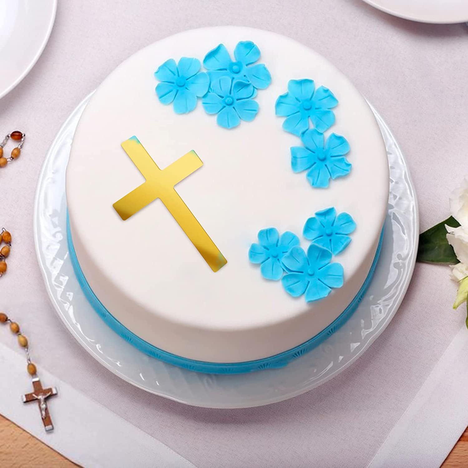 Mirror gold acrylic cross cake decoration for baby baptism communion themed party decoration plugin