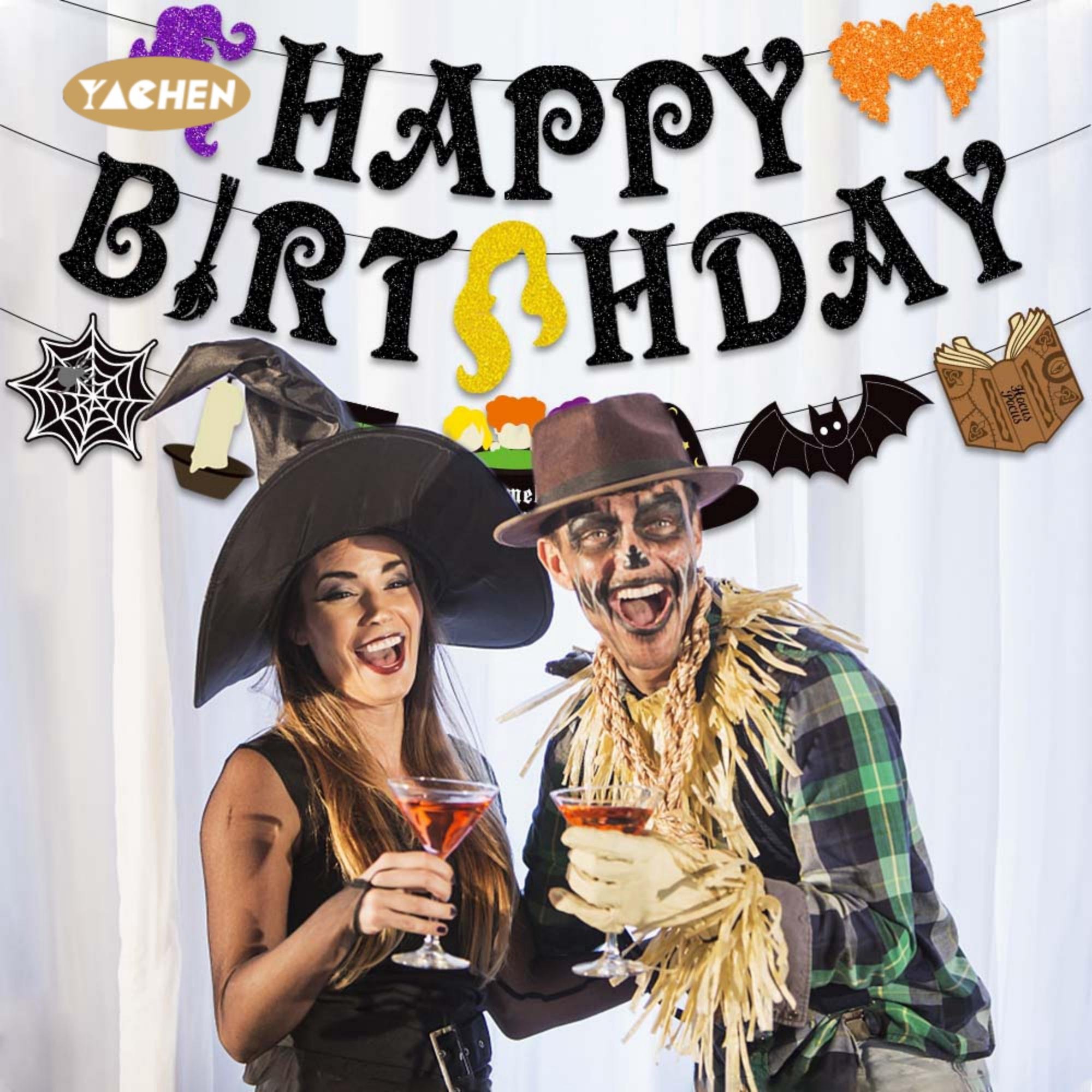 Yachen Witch Birthday Party Decoration Supplies Hanging Happy Birthday Banner Halloween Hocus Pocus Witches Garland Cake Topper