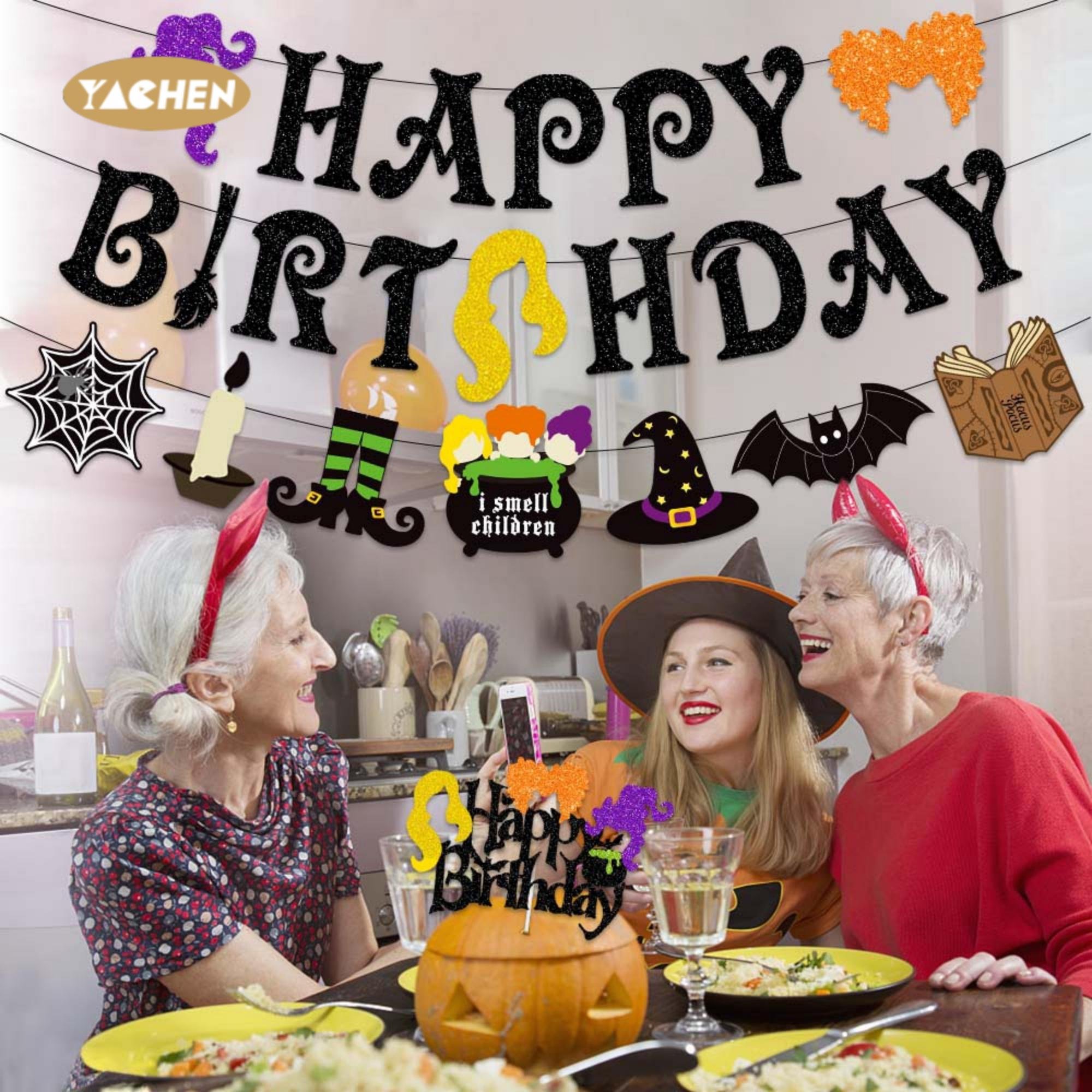 Yachen Witch Birthday Party Decoration Supplies Hanging Happy Birthday Banner Halloween Hocus Pocus Witches Garland Cake Topper