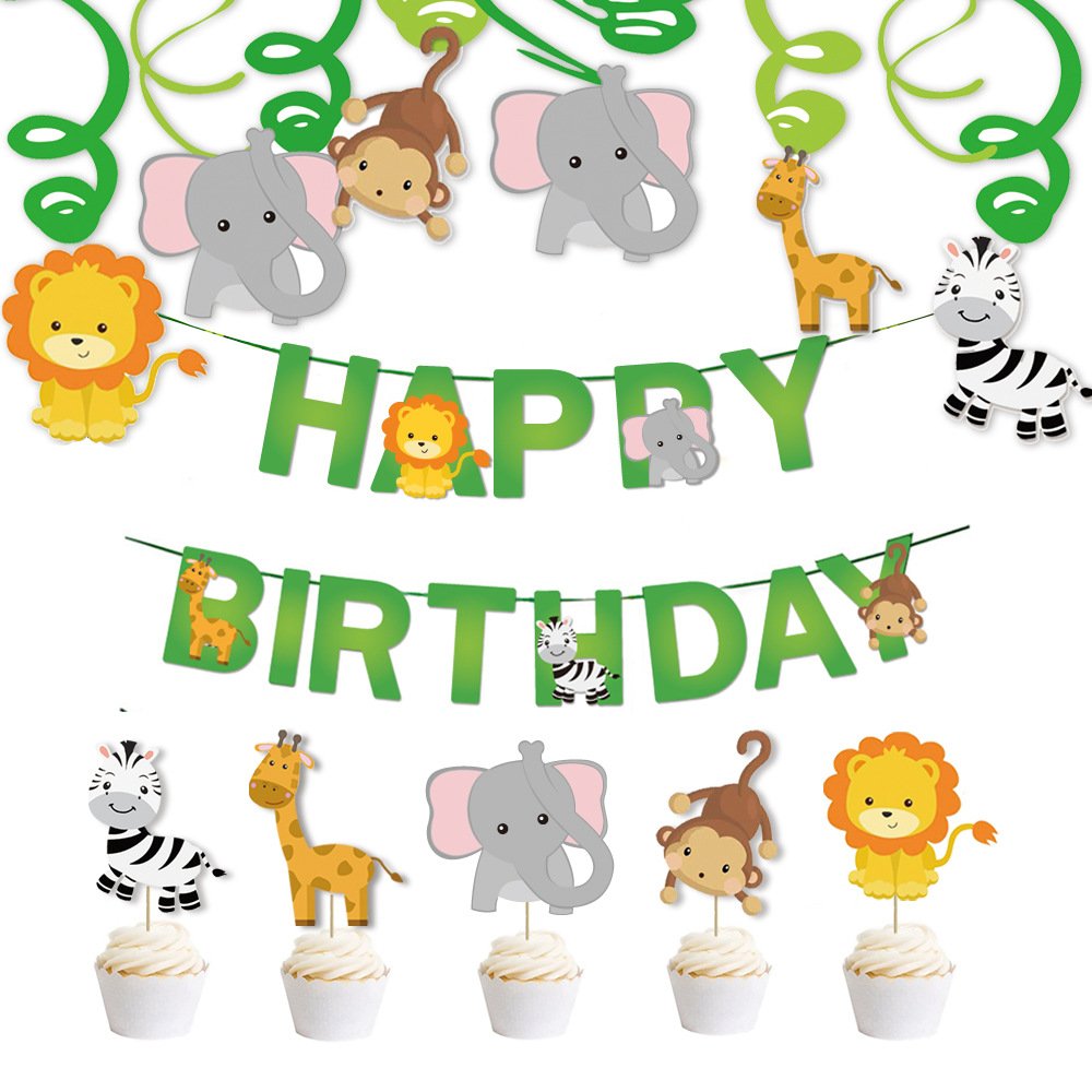 3-piece Jungle Animals High Quality Paper Factory Birthday Flag Cartoon Animal Banner Cake Insert Decorative Party Supplies Suit