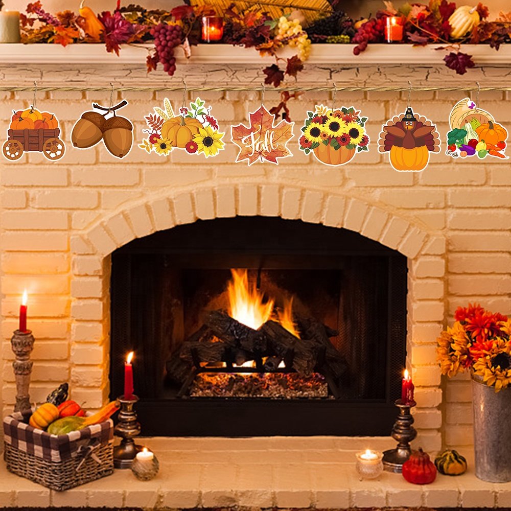 Hot Sale 14pcs Fall Paper Ornaments Pumpkin Maple Leaf Thanksgiving Hanging Decor with Hemp Ropes for Happy Fall Party Supplies