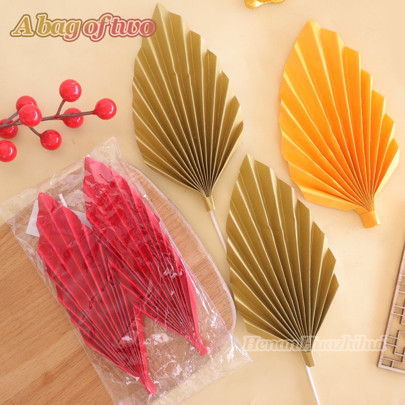 New Arrivals Glitter Paper Fan Gold Palm Leaves 2pcs/bag Cake Topper Cake Accessories Christmas Valentines Decorations