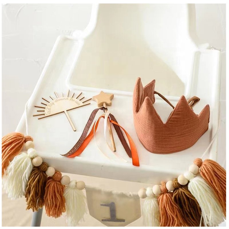 Wholesale Birthday Hat Banner Cake Topper Crown Sets One Year Old Highchair Baby Macrame Happy Birthday Party Decorations