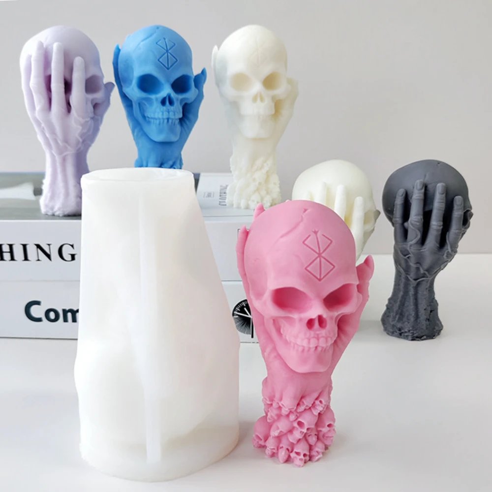Human Skeleton Holding Skull Candle Halloween Decor Thrilling Zombie Hand Painting Plaster Silicone Mold Emulation Festival Gift