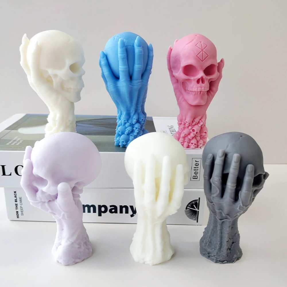 Human Skeleton Holding Skull Candle Halloween Decor Thrilling Zombie Hand Painting Plaster Silicone Mold Emulation Festival Gift