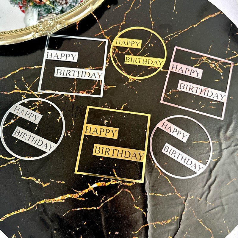 Baking Cake Decorating Supplies Square / Round Mirror Acrylic Topper Happy Birthday Dessert Decoration
