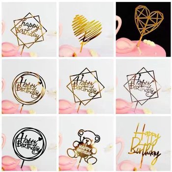 Beautiful Gold Style Acrylic Cake Topper Geometry Round Letter Cake Toppers Happy Birthday Wedding Party Cupcake Toppers