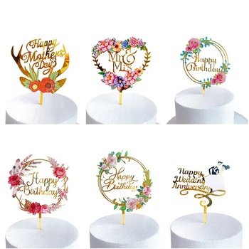 Beautiful Gold Style Acrylic Cake Topper Geometry Round Letter Cake Toppers Happy Birthday Wedding Party Cupcake Toppers
