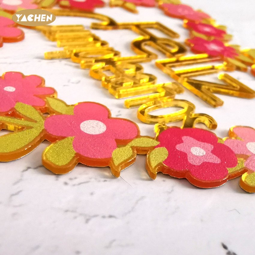 YACHEN Wholesale Custom Acrylic Happy Birthday Cake Topper Decoration Golden Flower Acrylic Cake Toppers