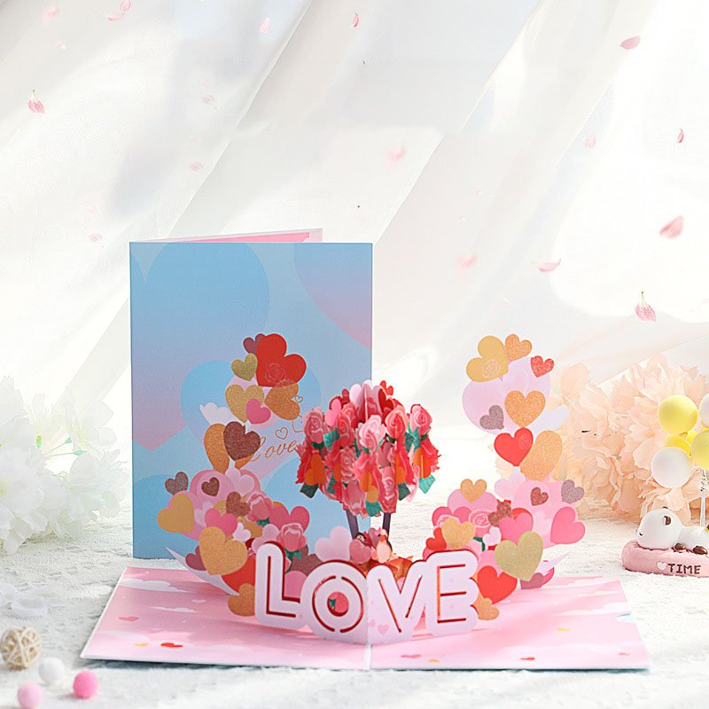 Ychon new custom hot love gift heart flower 3d pop-up anniversary cards romantic birthday greeting cards love shower
