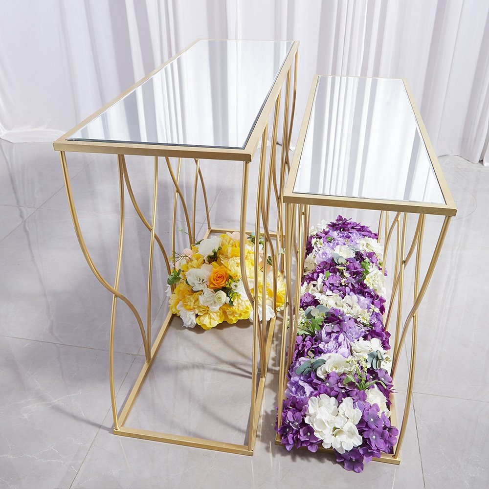 Modern Rectangle Mirror Top Console Table Sets Golden Metal Wedding Supplies Cake Table Set