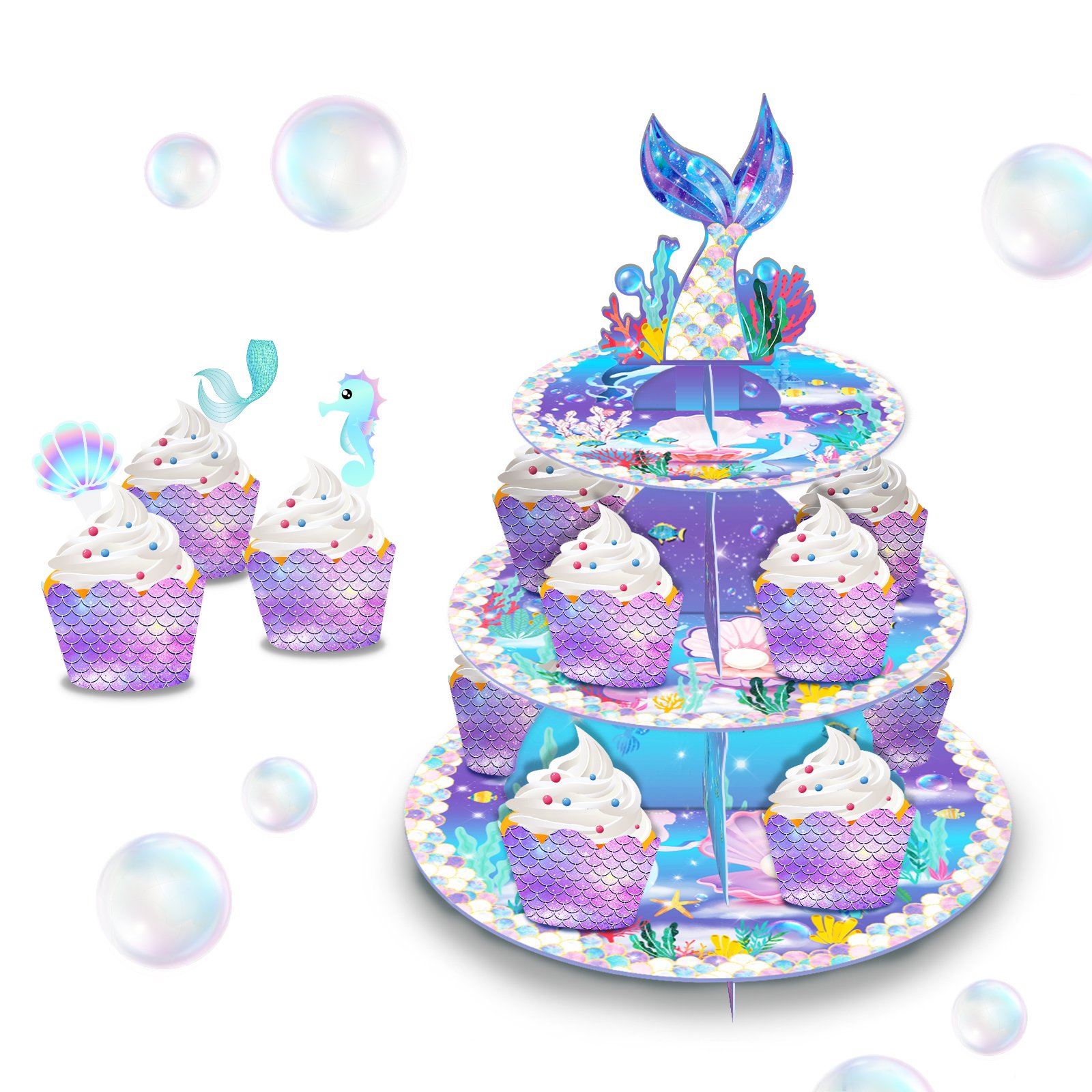 Huancai Purple Mermaid Cake Stand 3 Tier Cupcake Stand Mermaid Party decorations for Baby Shower Kids Birthday Party Supplies