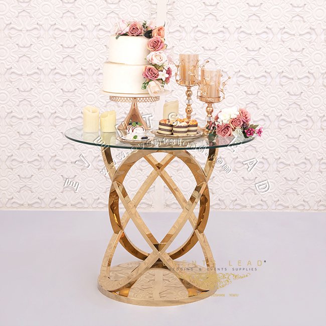 Best price gold wedding cake display glass top round table stand large cake table