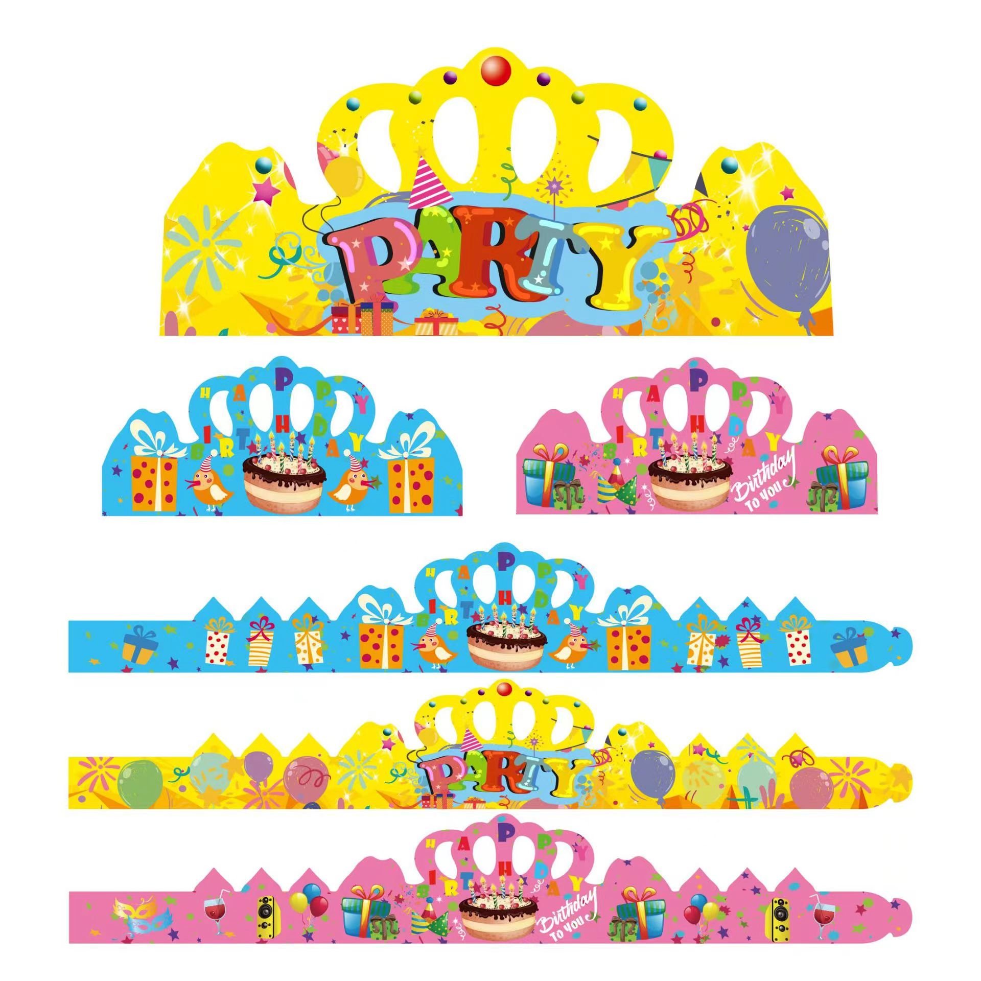 Wholesale customized paper crown hats, party supplies design, happy birthday cake hats, baby one year decoration