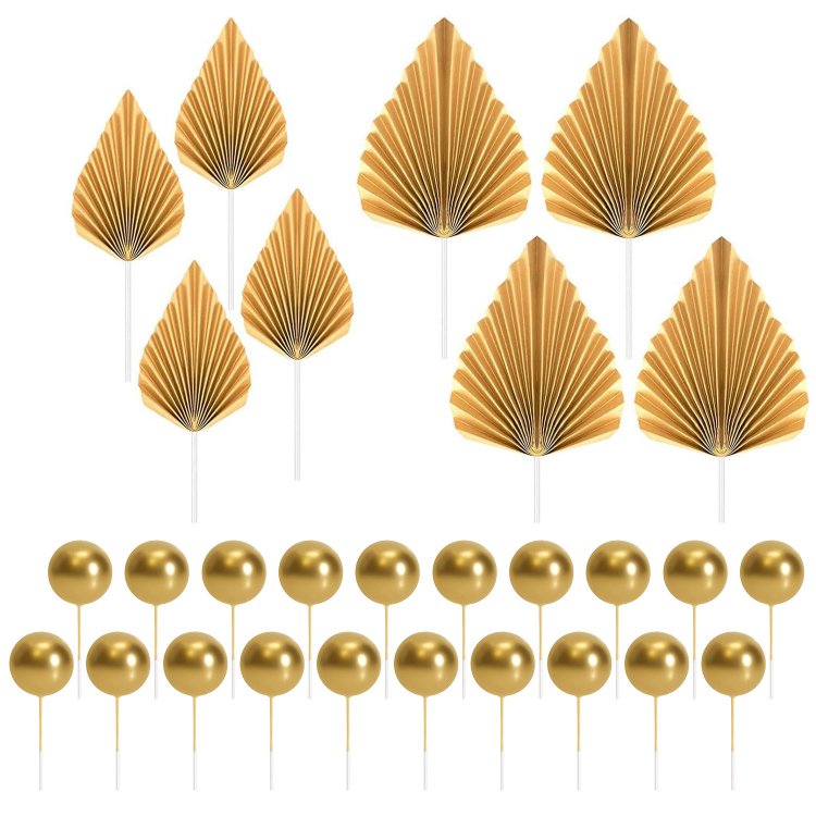 Gold Foam Balls Cake Toppers Palm Leaves Cake Insert Toppers Decorations for Birthday Wedding Baby Shower Party Decorations