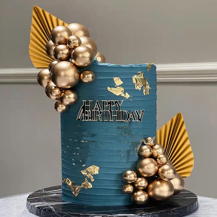 Gold Foam Balls Cake Toppers Palm Leaves Cake Insert Toppers Decorations for Birthday Wedding Baby Shower Party Decorations